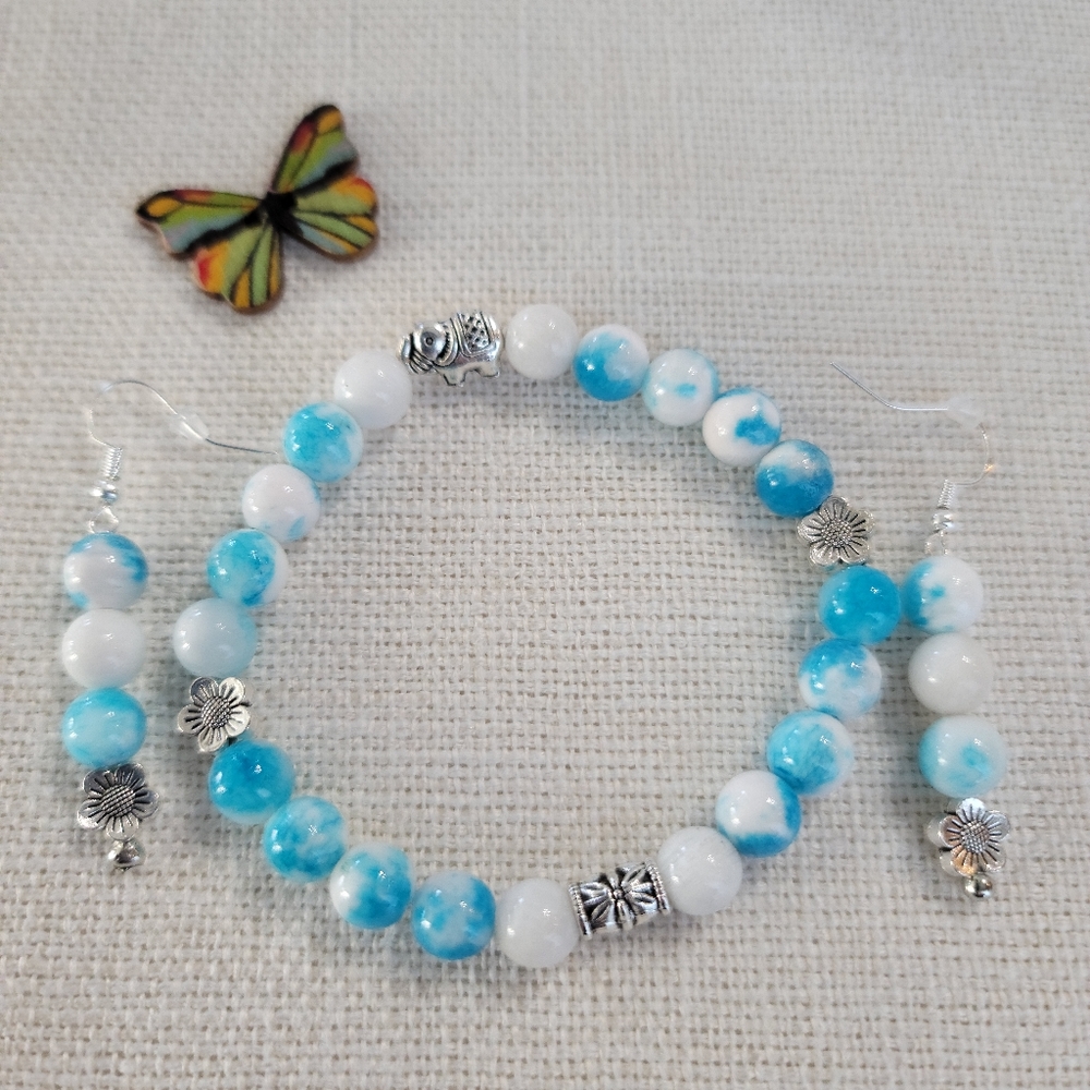 Strength & Serenity BlueWhite Jade & Moonstone with elephant 🐘 & 🌼 bracelet